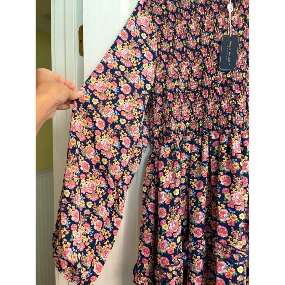 New Simply Southern Floral Smocked Tiered Maxi Dress Navy Pink XL Peasant Boho - Picture 2 of 12